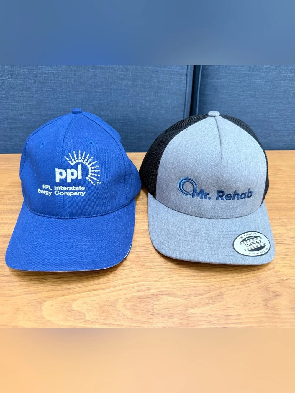 Lot of 2 Workwear Hats PPL Interstate Energy & Mr Rehab Yupoong Mesh Snapback